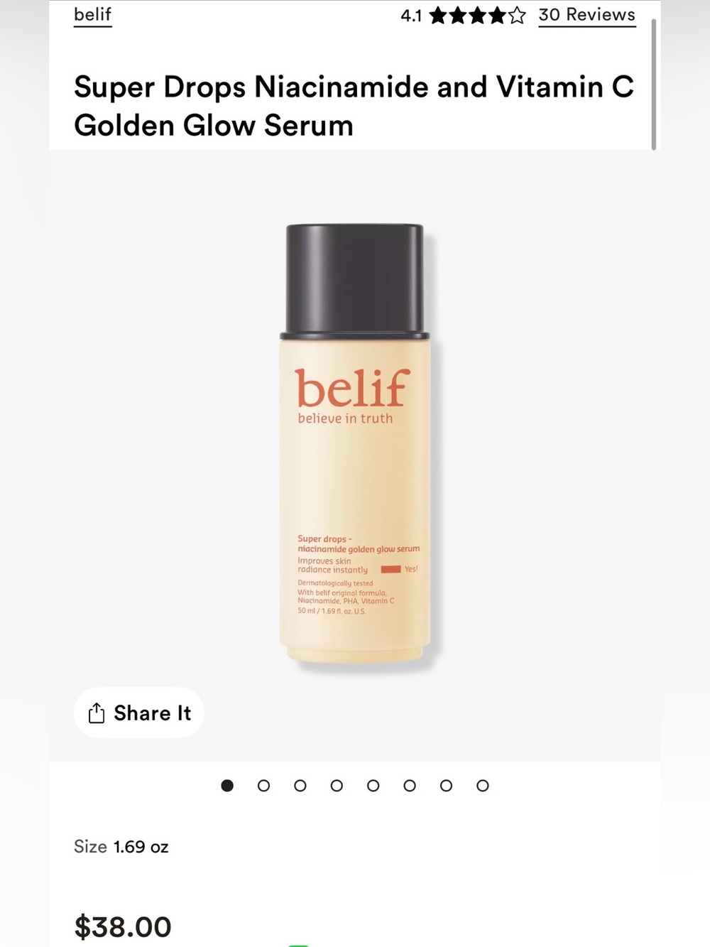 NIB Belif Super Drops Niacinamide Golden Glow Serum 0.33 oz